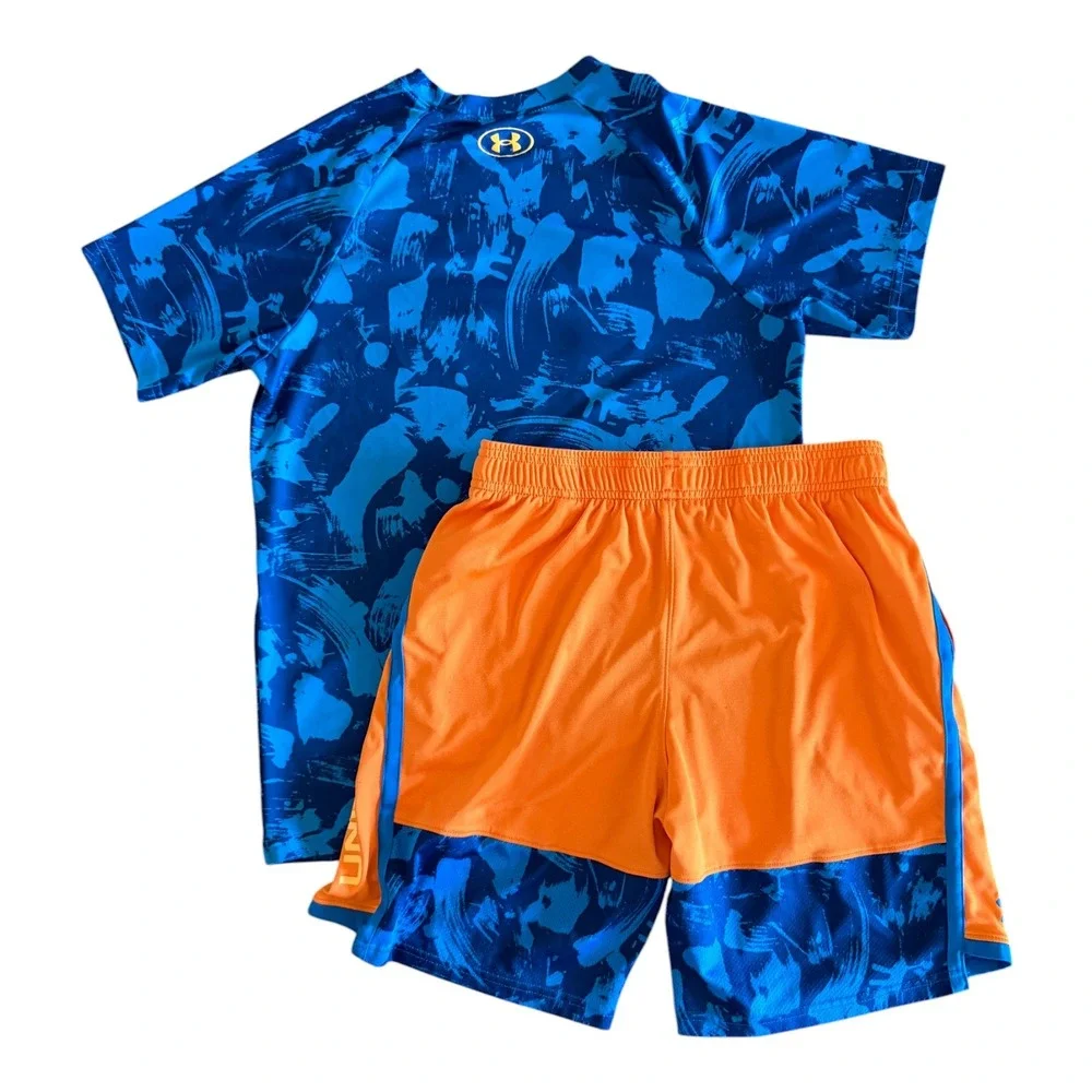 Under Armour Boys Blue Orange Camo Athletic Shirt Shorts Set - Youth Large